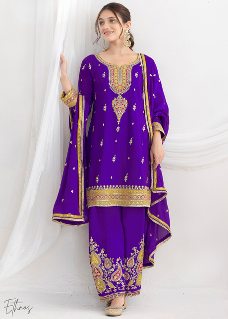 Indigo Purple Chinon Silk Salwar Suit