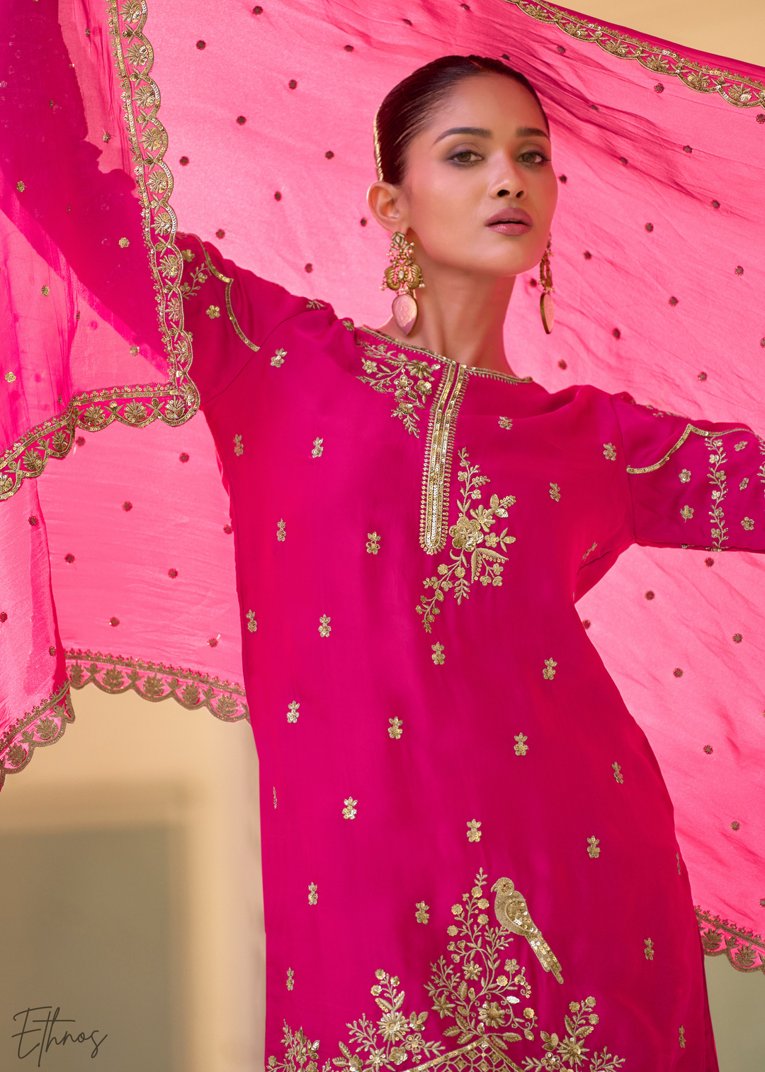 Hot Pink Crepe Silk Dhoti Suit