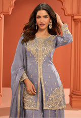 Blue Grey Embroidered Stylish Silk Sharara Suit