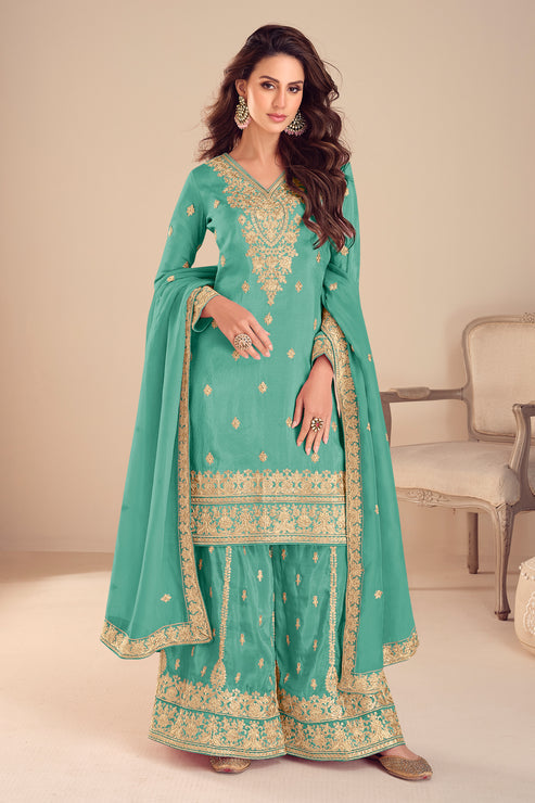 Green Embroidered Simar Silk Suit