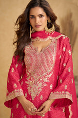 Pink  Embroidered Chinon Suit