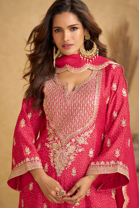 Pink  Embroidered Chinon Suit
