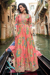 Pink Chinon Silk Gown with Dupatta