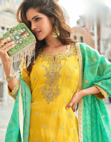Chic Yellow Silk Embroidered Sharara Set