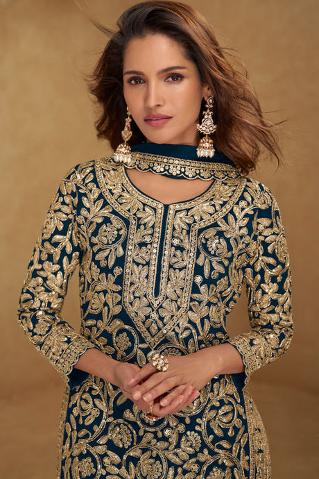 Teal Blue  Embroidered Georgette Suit