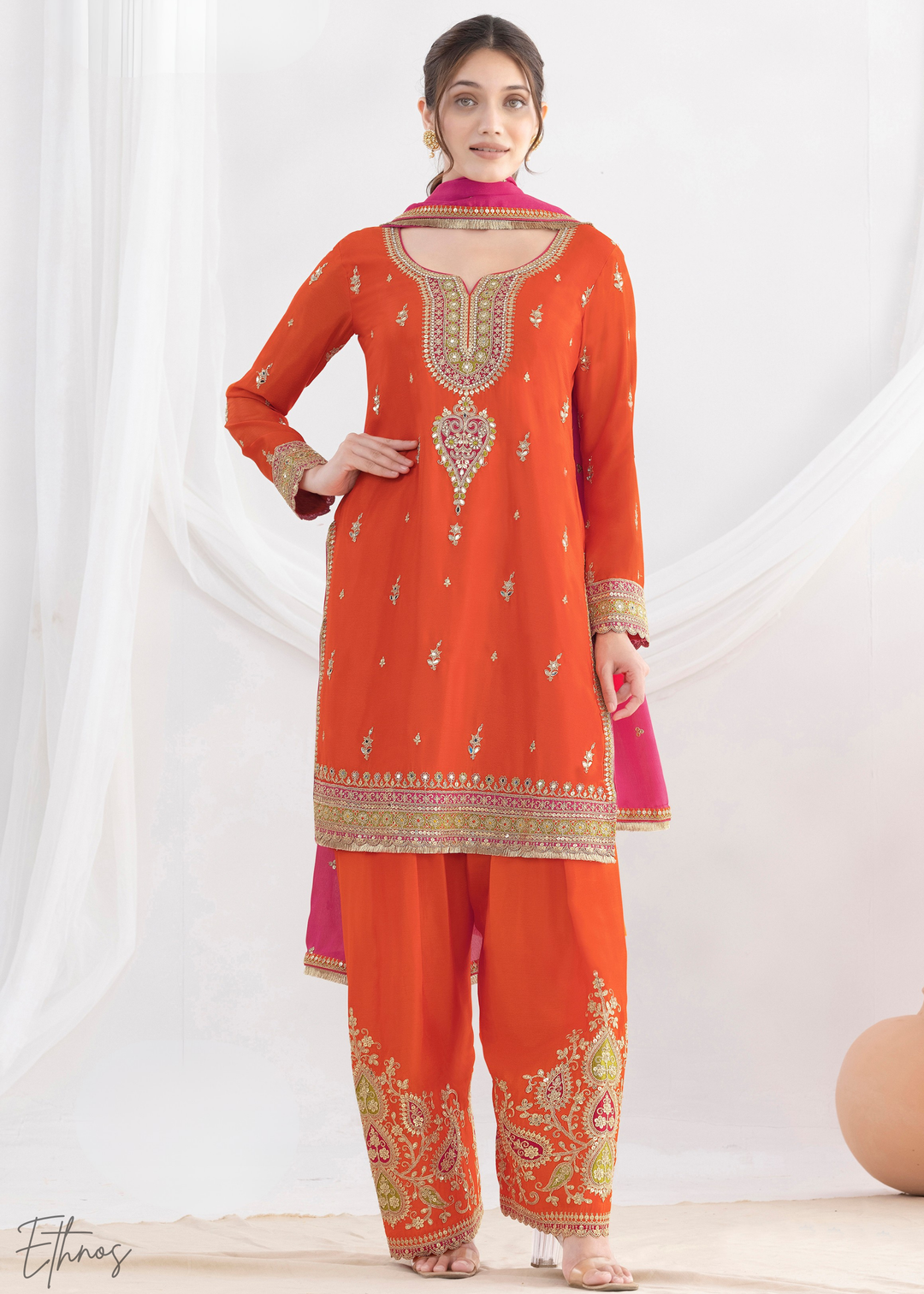 Pumpkin Orange Chinon Silk Salwar Suit
