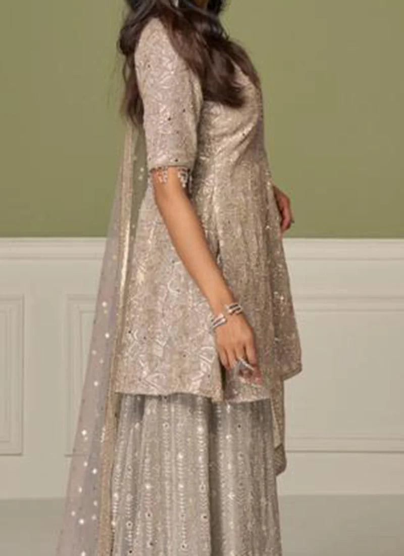 Grey Georgette Embroidered Palazzo Suit