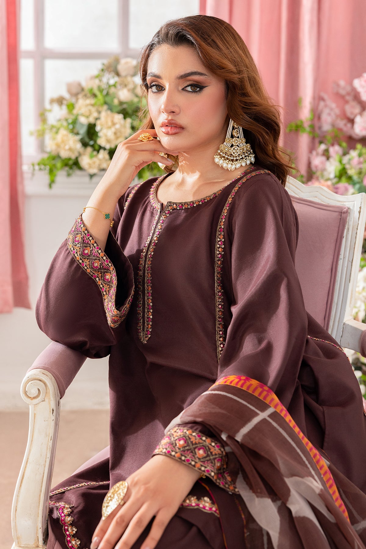 3-PC Embroidered Raw-Silk Suit by Charizma