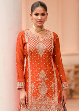 Tiger Orange Embroidered Chinon Silk Kurta