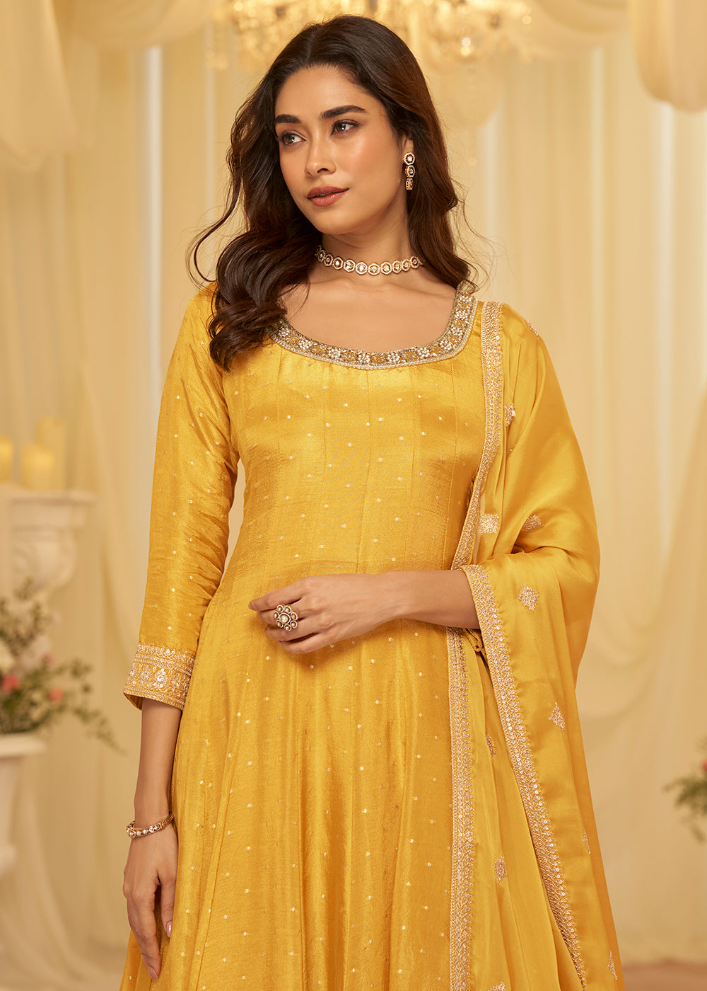 Yellow Viscose Jacquard Silk With Embroidery Work Anarkali Suit
