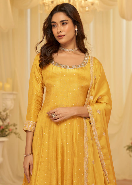 Yellow Viscose Jacquard Silk With Embroidery Work Anarkali Suit
