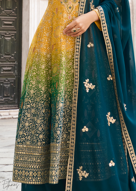 Blue & Mustard Jacquard Silk Palazzo Suit