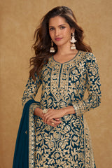 Teal Blue  Embroidered Georgette Suit
