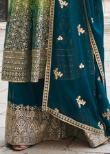 Blue & Mustard Jacquard Silk Palazzo Suit