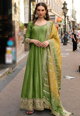 Green Viscose Jacquard Long Anarkali Suit