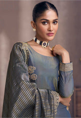 Embroidered Art Silk Suit in Dusty Blue