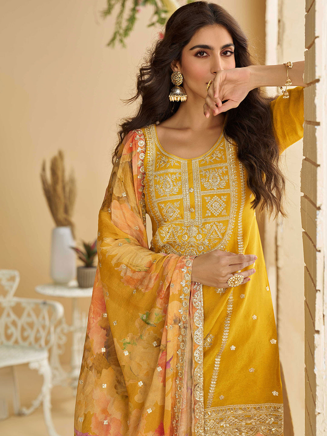 Embroidered Chinnon Kurta With Sharara & Dupatta