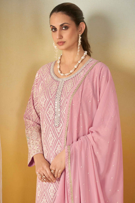 Ethnic Georgette Embroidered Palazzo Suit In Pink Color