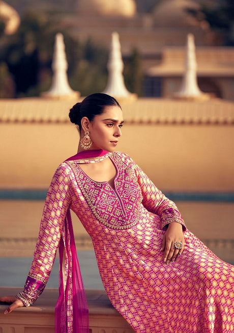Pink Embroidered Chinon Silk Anarkali With Dupatta