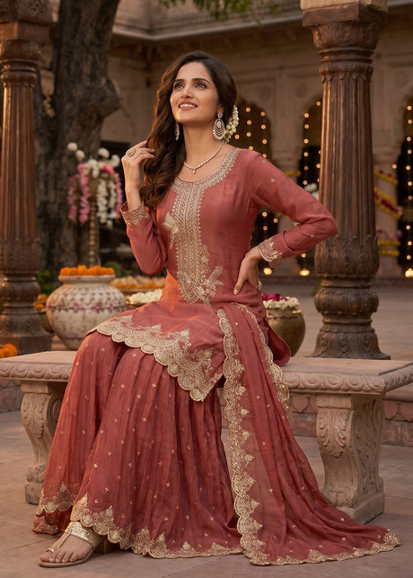 Rust Brown Tora Silk Embroidered With Palazzo