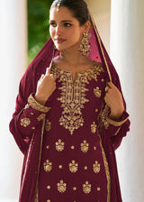 Maroon Chinnon Silk Palazzo Suit