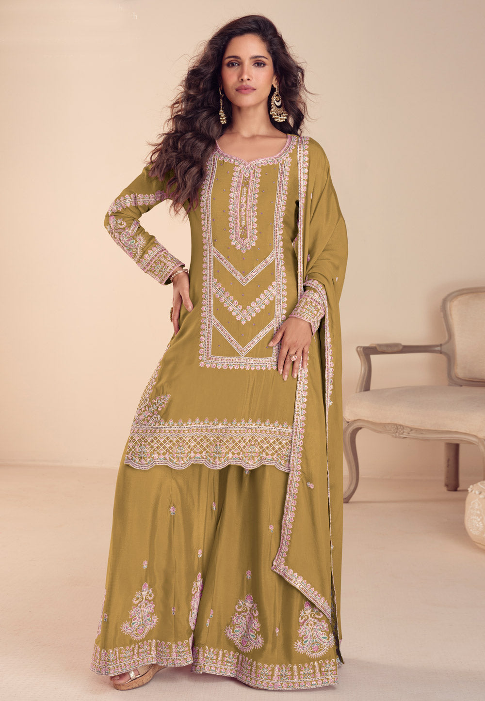 Mehndi Chinon Embroidered Suit