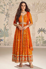 Orange Embroidered Chinon Silk Suit