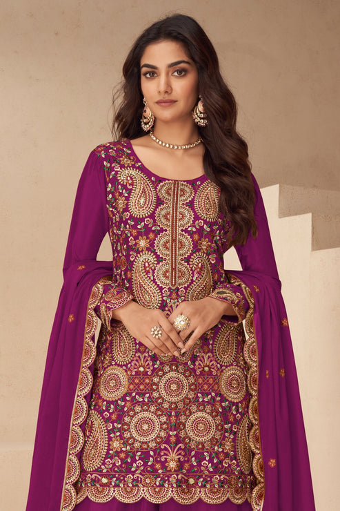 Pink  Embroidered Chinon Suit