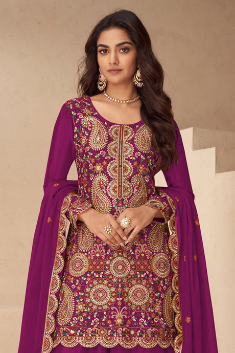 Pink  Embroidered Chinon Suit