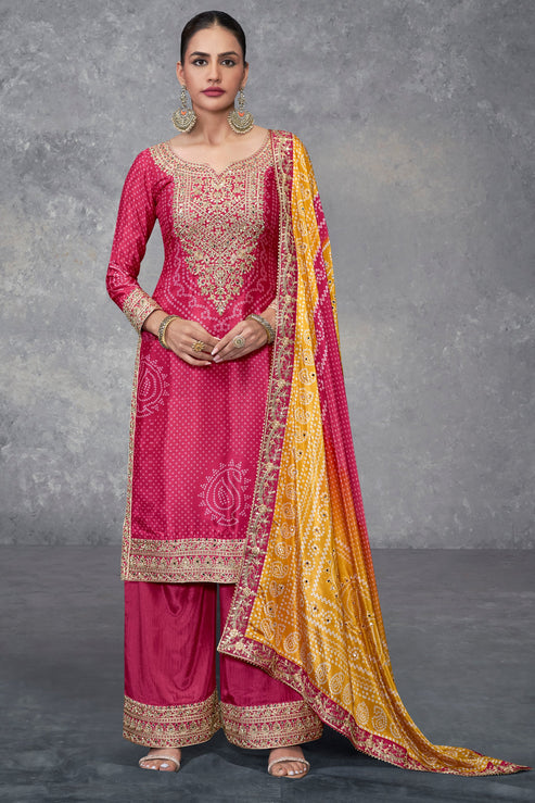 PInk Chinon Suit With Bandhej Print