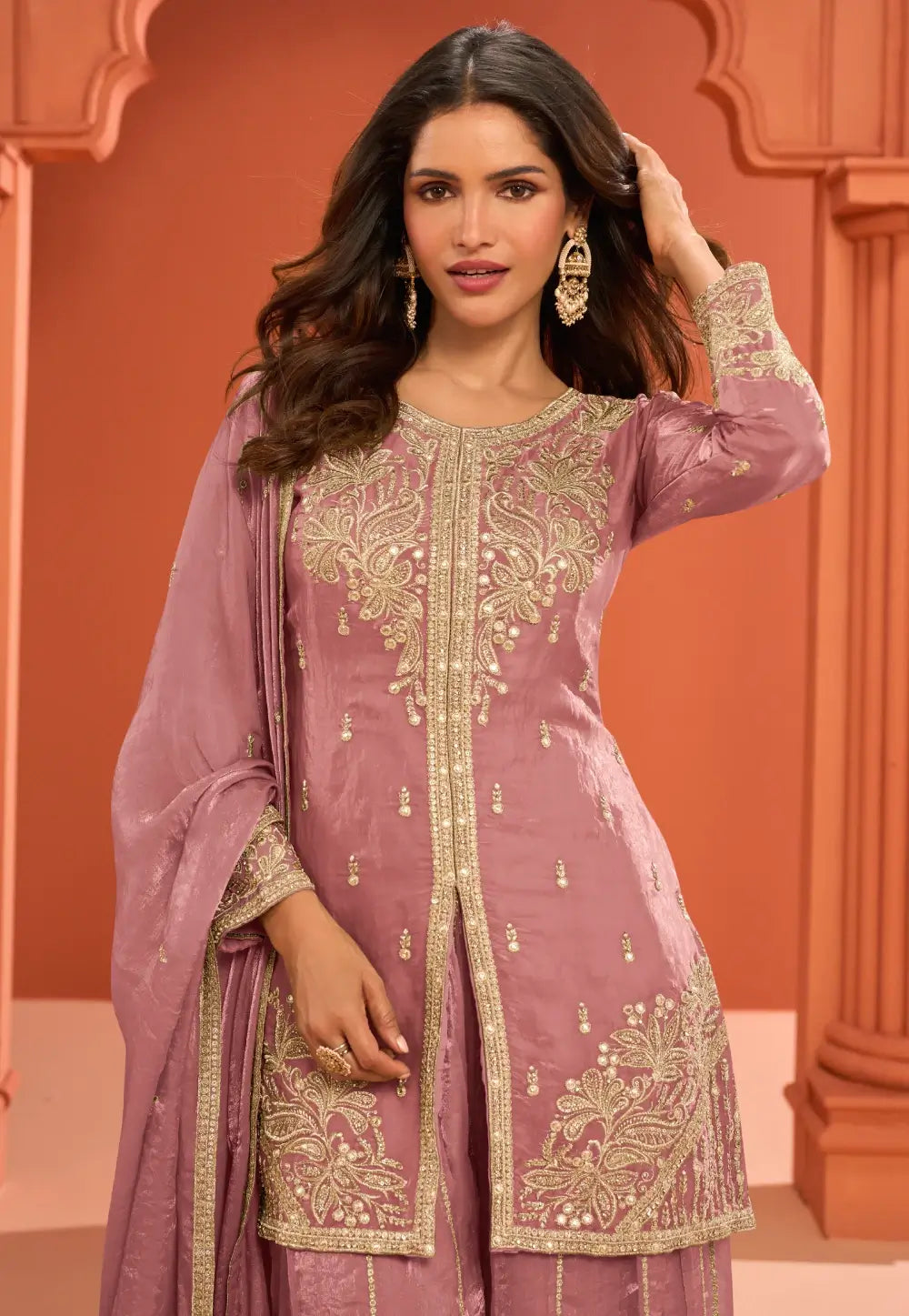 Dusty Pink Embroidered Stylish Silk Sharara Suit