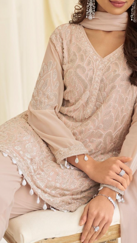 Ivory Blush Premium Georgette Suit Set with Heavy Beads Embroidery & Chinon Silk Palazzo