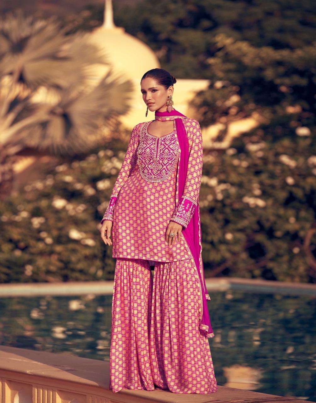 Digital Printed Chinon Silk Suit in Pink