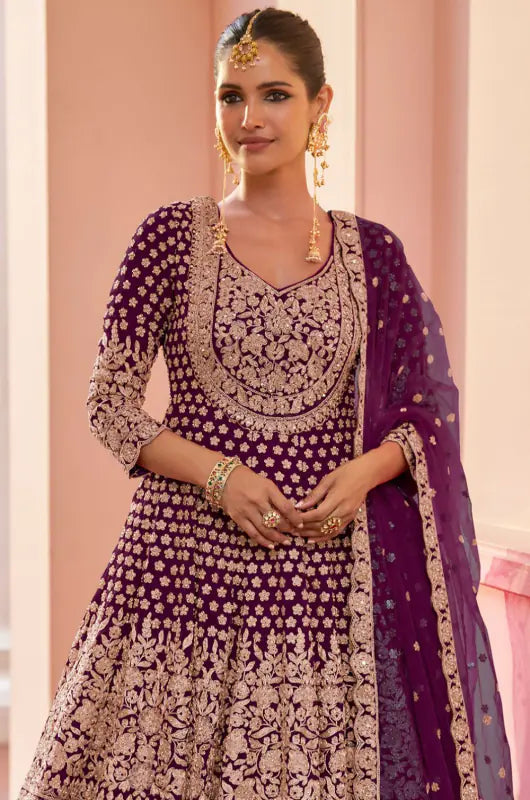 Wine Georgette Kurti Lehenga With Zari Detail