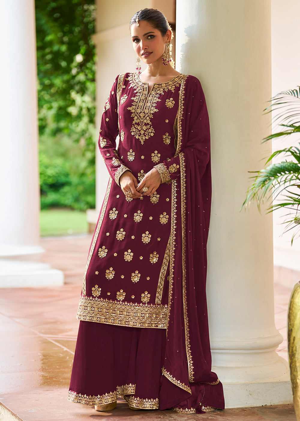 Maroon Chinnon Silk Palazzo Suit