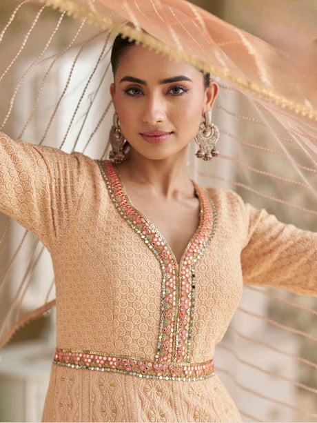 Peach Pink Real Georgette Chikankari Anarkali Suit with Dupatta