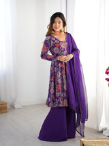 Purple Elegant Roman Silk Chanderi Kediya Kurta Set with Dupatta & Palazzo