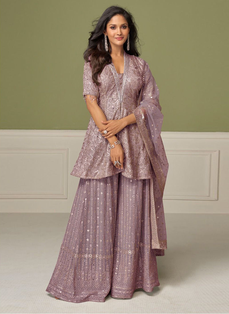 Lilac Georgette Embroidered Palazzo Suit