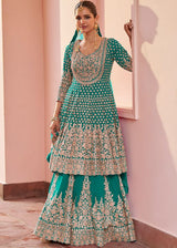 Turquoise Georgette Kurti Lehenga With Zari Detail