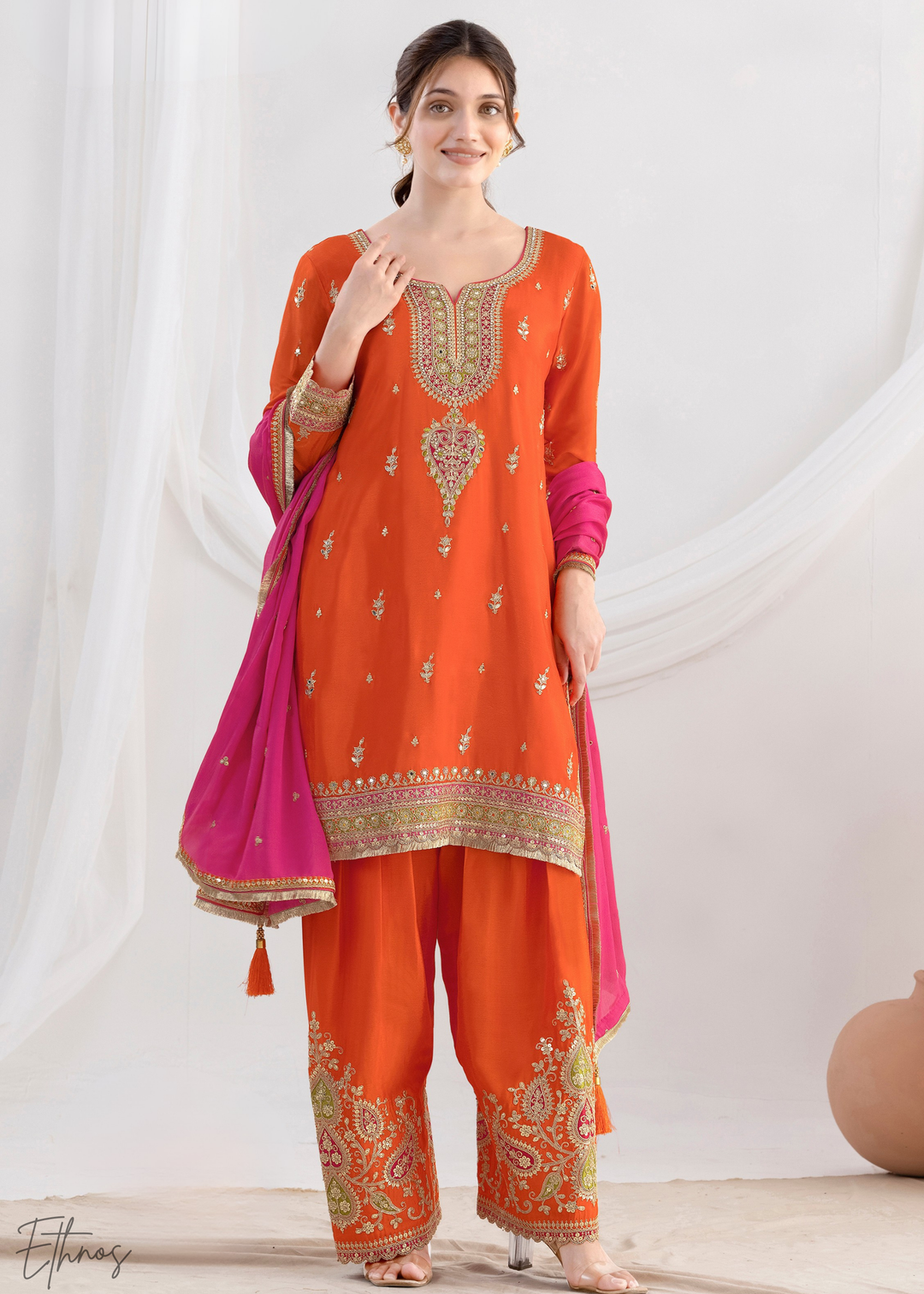 Pumpkin Orange Chinon Silk Salwar Suit