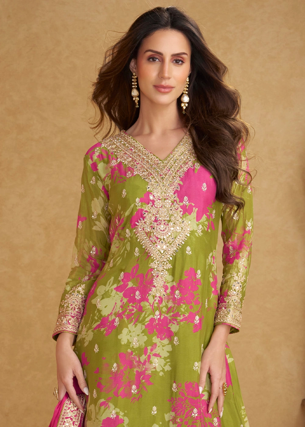 Olive Green Chinon Silk With Palazzo Suit