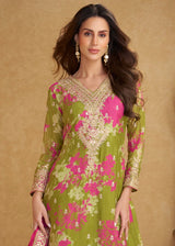 Olive Green Chinon Silk With Palazzo Suit