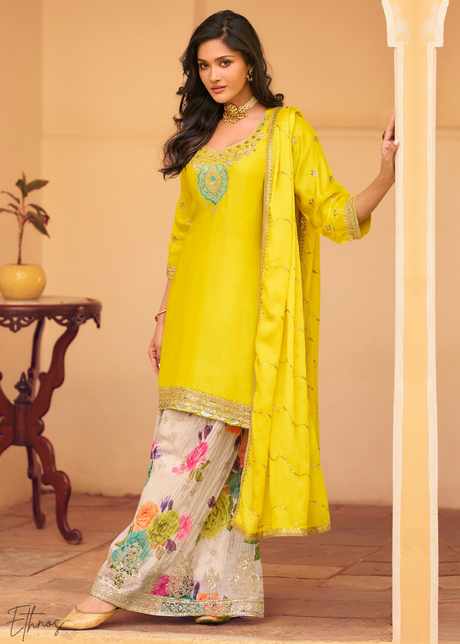 Sunshine Yellow Chinon Silk Sharara Suit
