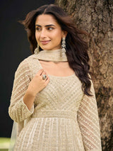 Ivory White Premium Net Embroidered Kurta Palazzo Set with Dupatta