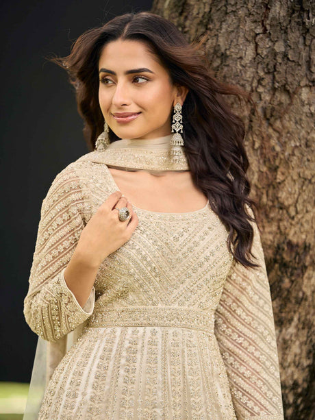 Ivory White Premium Net Embroidered Kurta Palazzo Set with Dupatta