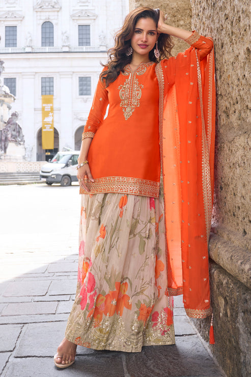 Orange Embroidered Chinon Suit