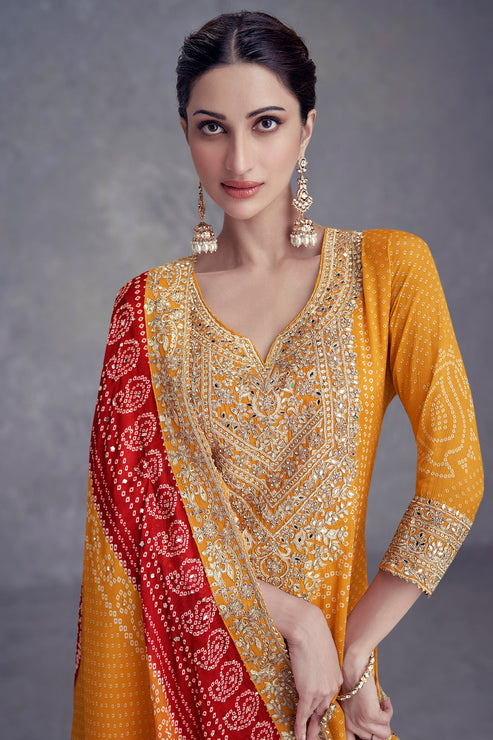 Yellow Chinon Suit With Bandhej Print