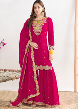 Hot Pink Appliqué Chinon Sharara Suit