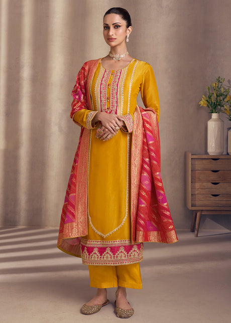 Gold Yellow Shimmer Silk Wedding Festive Salwar Kameez