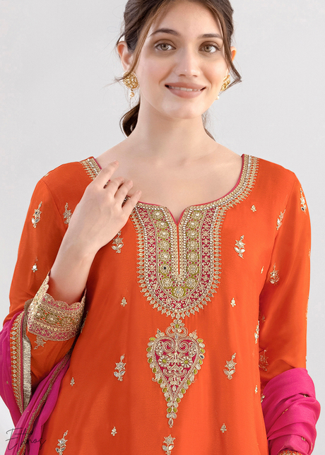 Pumpkin Orange Chinon Silk Salwar Suit
